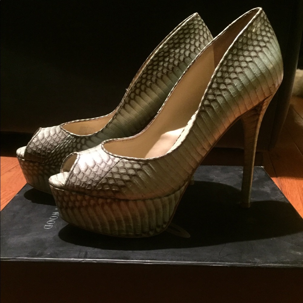 B Brian Atwood Snakeskin Peeptoe Pumps